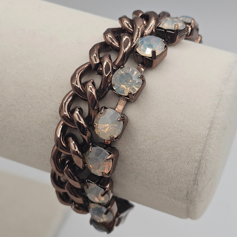 Chicos Rhinestone Curb Link Bracelet Iridescent Bronze Tone Magnetic Closure 6.5